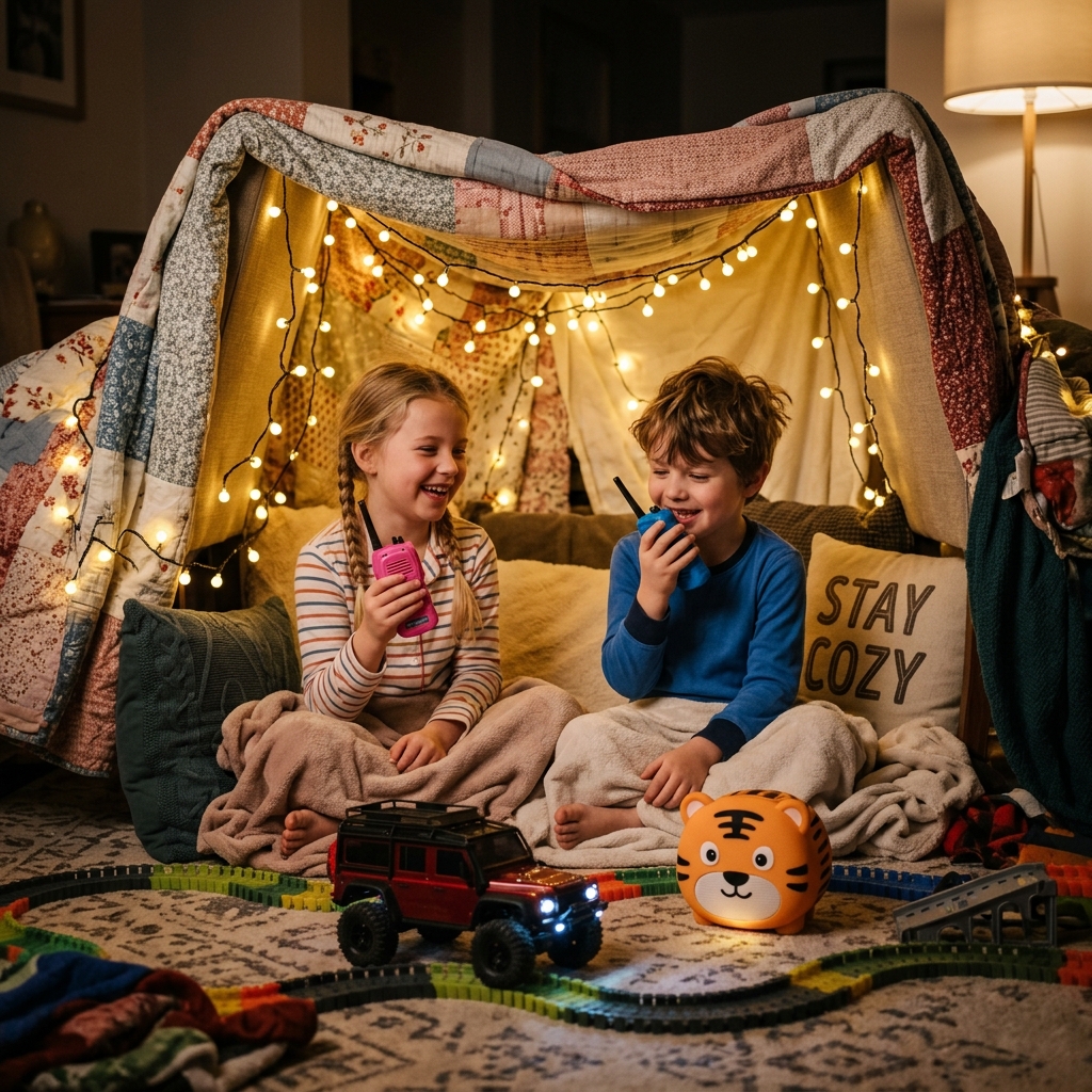 Kids playing in blanket fort with walkie talkies