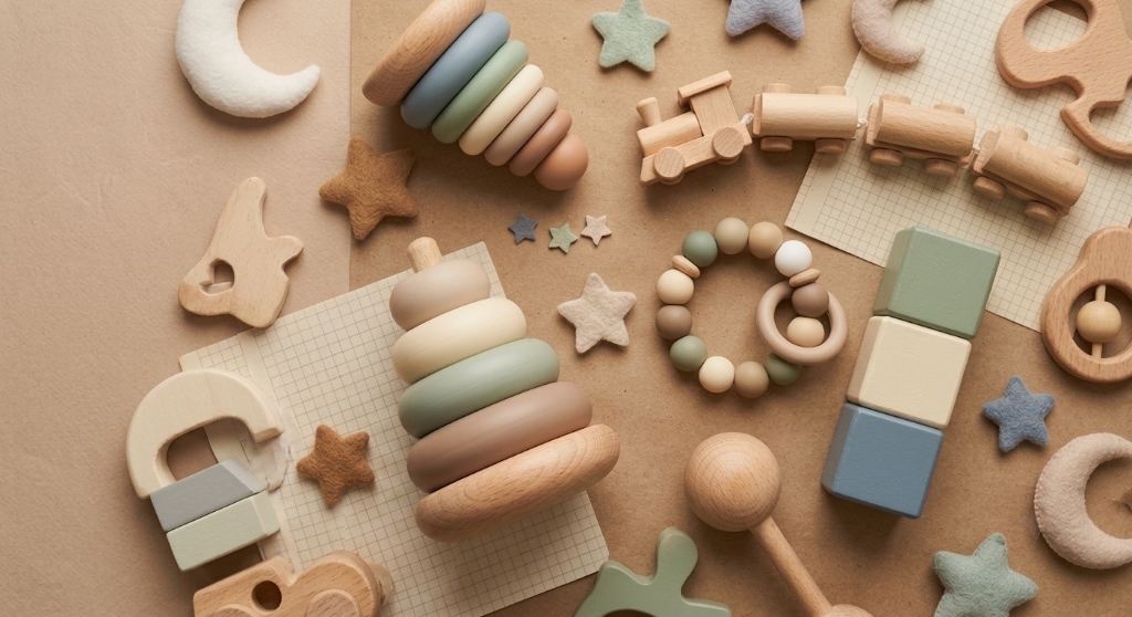 Curated Scandinavian wooden toys composition